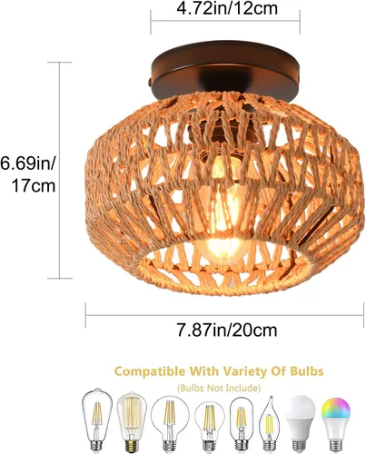 Miniatura 5 de 1 paquete de lámparas de granja para montaje en techo, mini lámpara de techo de ratán bohemio semiempotrada, accesorios de luz de pasillo tejidos a