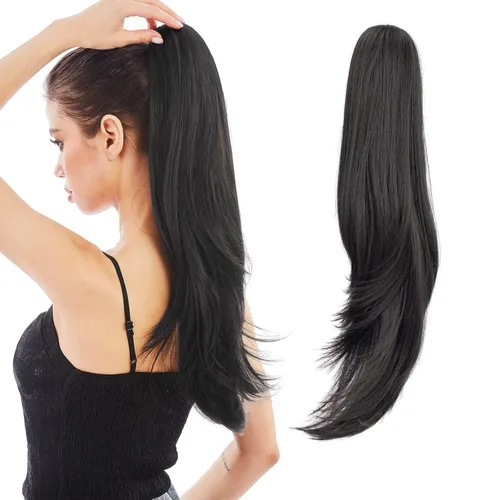 Miniatura 11 de Extensión de Cola de Caballo, Extensión de Cabello con Garra Larga de 20", Piezas de Cabello Sintético Ondulado Liso con Clip en Peluca de Cola