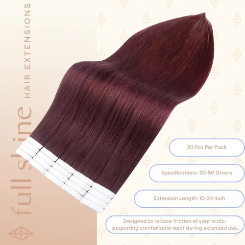 Miniatura 3 de Full Shine - Extensiones adhesivas de cabello humano Remy, 20 unidades, sin costuras, color vino tinto 99J (borgoña), de doble cara, 12 pulgadas