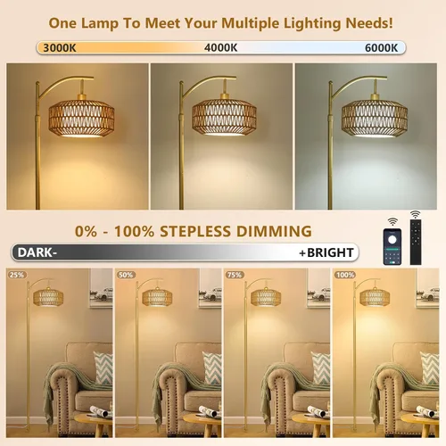 Miniatura 3 de LAMSU Lámpara de pie Arc Gold con control remoto y bombilla LED, lámparas de pie regulables para sala de estar con pantallas de ratán y tela
