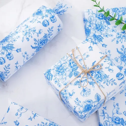 Miniatura 3 de AnyDesign 100 hojas de papel de seda floral azul chinoiserie papel de regalo vintage azul blanco papel de embalaje de flores de bricolaje para baby