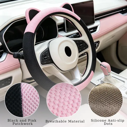 Miniatura 4 de Steering Wheel Cover with Ears Keychain Fit 14-15 inch Black Pink Cute Ears Car Steering Wheel Covers for Women Girls Elastic Breathable Steering