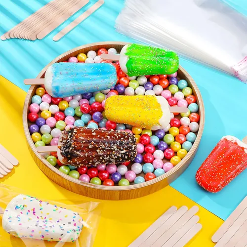 Miniatura 2 de Patelai Juego de 300 palitos de hielo y bolsas de plástico, bolsas de plástico autoadhesivas transparentes y palitos de paletas de hielo