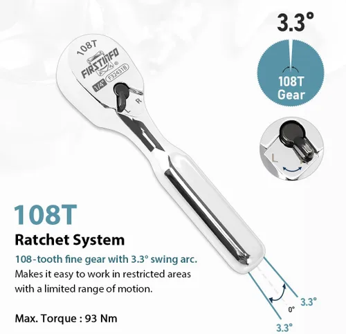 Miniatura 4 de FIRSTINFO F32431B - Mango de trinquete de cabeza sellada de 1/4 pulgadas, 108 dientes, llave de trinquete reversible y rechoncha, diseño cerrado