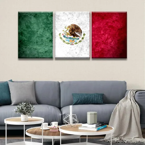 Miniatura 4 de Arte de pared con bandera de México para sala de estar, pintura de pared con textura envejecida y colorida de la bandera de México, 3 piezas