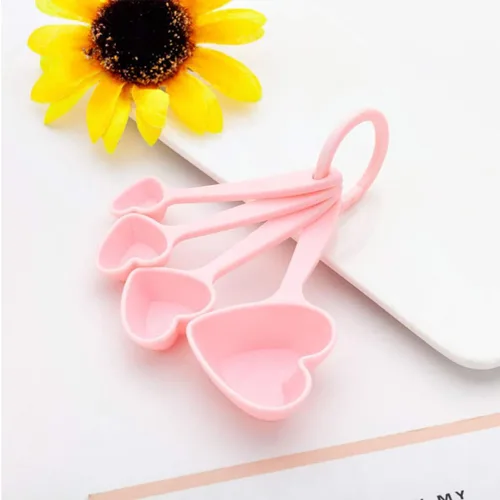 Miniatura 4 de Hemoton Cucharas medidoras de plástico con forma de corazón, cucharadita de postre, cuchara de café, medida seca, vajilla líquida para cocina, Rosado
