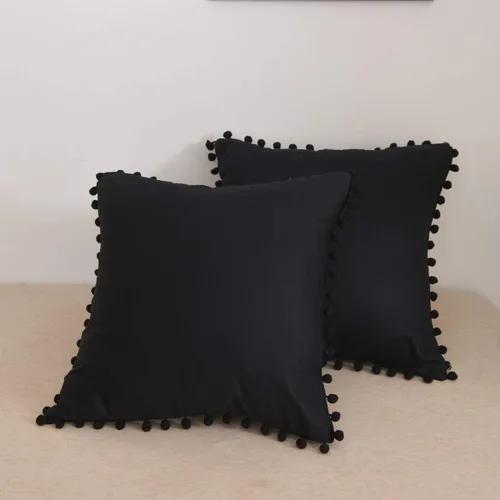 Softta Euro Sham Covers - Juego de 2 fundas de almohada de 26 x 26 pulgadas con pompón negro, estilo étnico, vintage, 100% algodón puro, fundas de