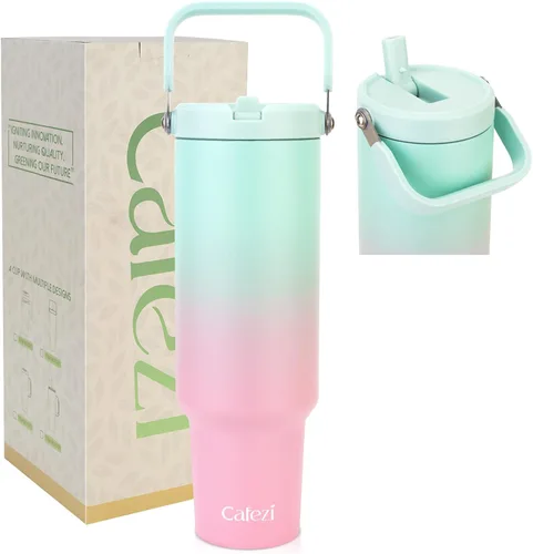Miniatura 15 de Vaso de 30 onzas con tapa y pajita, vasos de acero inoxidable con aislamiento al vacío con pajita plegable y asa superior, botella de agua aislada