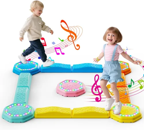 Holyton Tira de Equilibrio con Luces Musicales y Escalones de Paso para Niños de 13 Piezas, Escalones Apilables de Equilibrio de Plástico