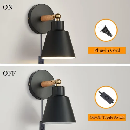 Miniatura 6 de ClanKin Juego de 2 apliques de pared enchufables, lámpara de pared para dormitorio industrial, lámpara de pared para baño, pasillo, sala de estar