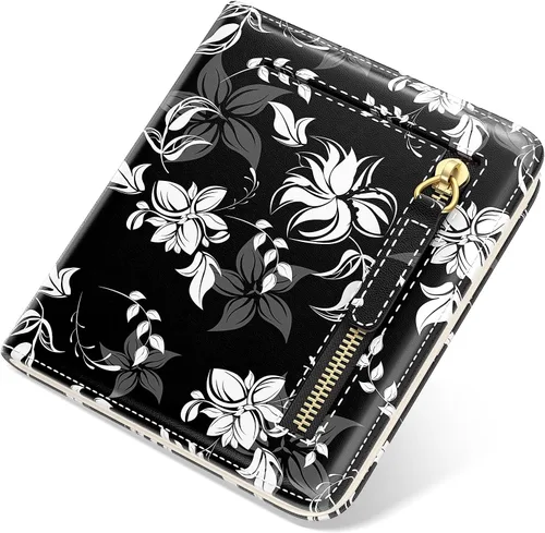 Miniatura 11 de Billetera de cuero genuino de lujo para mujer con bloqueo RFID, compacta, plegable, con ventana para identificación, Gato negro, Moderno