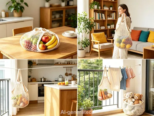 Miniatura 4 de Ahyuan Bolsas de comestibles cordón de algodón reutilizable, bolsas de malla 1 paquete, Crema