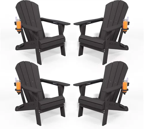 Miniatura 21 de Silla plegable Adirondack con portavasos, juego de 2, sillas de plástico HDPE para exteriores, resistentes a la intemperie, aspecto de madera real