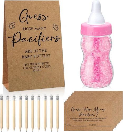 Miniatura 23 de Roowest 512 piezas de juegos de baby shower Adivina cuántos chupetes letrero, 100 pequeños juegos de adivinanzas, 10 lápices HB, botella de leche