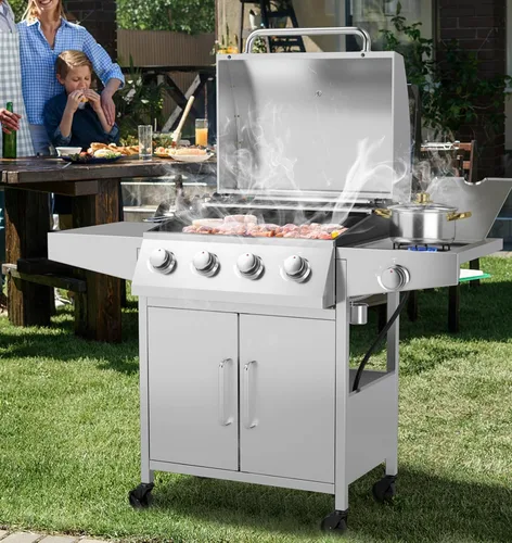 Giantex Parrilla de gas propano de 50,000 BTU, 4 quemadores principales, 1 quemador lateral, 2 mesas de preparación, parrilla de barbacoa de acero