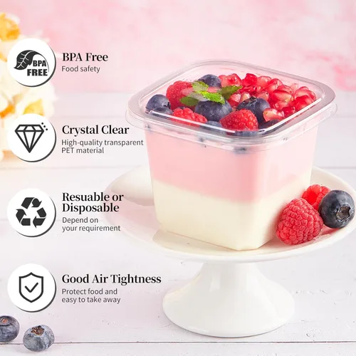 Miniatura 3 de Kucoele Paquete de 50 Vasos de Postre de Plástico de 12 oz con Tapas y Sporks, Vasos Cuadrados Transparentes para Pasteles, Recipientes de Postre