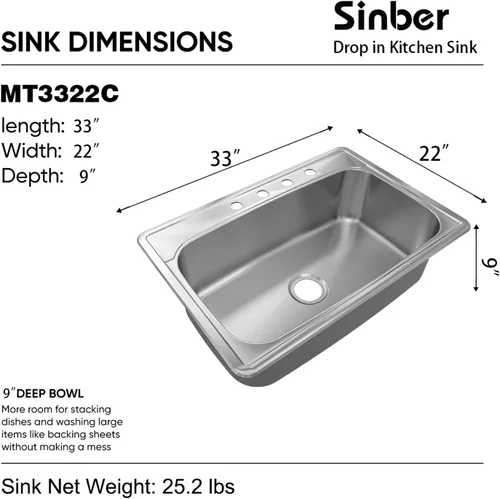 Miniatura 4 de Sinber MT3322C Fregadero de Cocina Empotrable de Un Solo Compartimento de 33" x 22" x 9" con Acero Inoxidable 304 Calibre 18 Acabado Satinado