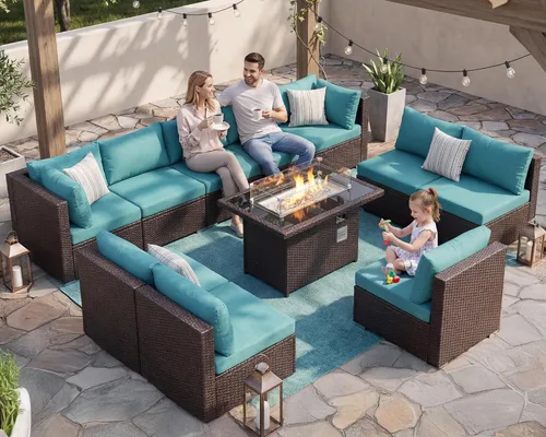 Miniatura 34 de BULEXYARD Juego de muebles de patio de respaldo alto de 7 piezas con mesa de fogata de combustible dual propano/gas natural, sofá seccional