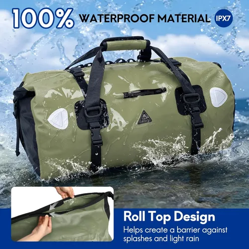Miniatura 2 de Haimont Bolsa de lona impermeable con correas de fijación rápida para motociclismo, rafting, canotaje, SUP, kayak, viajes, 50L/70L Verde militar