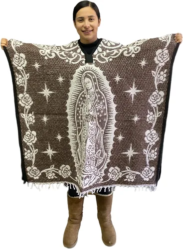 Marrón, Poncho Virgen de Guadalupe, Our Lady of Guadalupe, poncho mexicano, primera calidad, unisex, talla única, fabricado en México, poncho