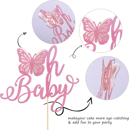 Miniatura 3 de Rsstarxi 1 paquete de decoración de pastel de mariposa Oh Baby con purpurina para baby shower, decoración de pastel de mariposa para revelación
