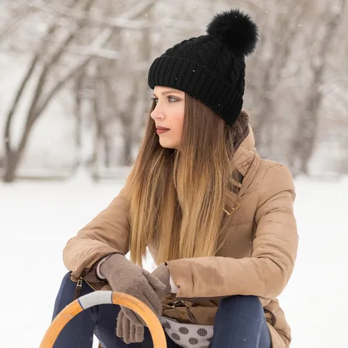 Miniatura 5 de Livingston Gorro de punto suave de invierno para mujer con pompón de piel sintética
