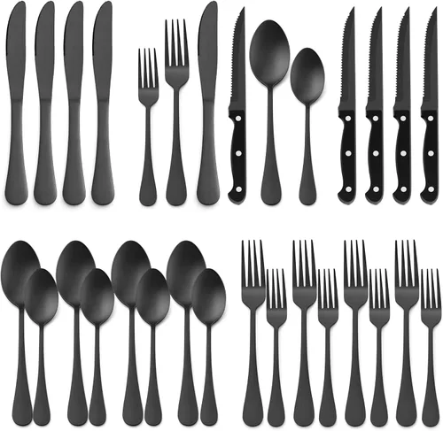 Miniatura 8 de E-far Juego de cubiertos negros de 24 piezas con cuchillos para carne, cubiertos de acero inoxidable para 4, modernos juegos de utensilios de metal