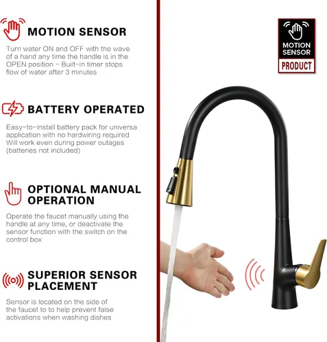 Miniatura 3 de sumerain Grifo de fregadero de cocina sin contacto manos libres de una sola manija con sensor de movimiento negro y dorado grifo de cocina extraíble