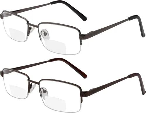 Yogo Vision Juego de 2 lentes de lectura bifocales de metal con borde medio para lectura, calidad de lectura, lectores de bisagra de resorte,