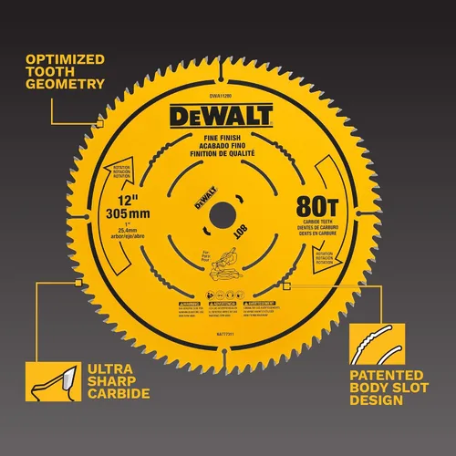 Miniatura 3 de DEWALT Hoja de sierra circular de 12 pulgadas 80T de metal duro, hoja de sierra de acabado fino (DWA11280)