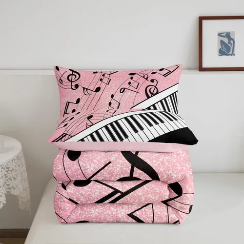 Miniatura 6 de Manfei Juego de edredón musical para niños, tamaño individual, juego de edredón con estampado de notas musicales negras con 1 funda de almohada