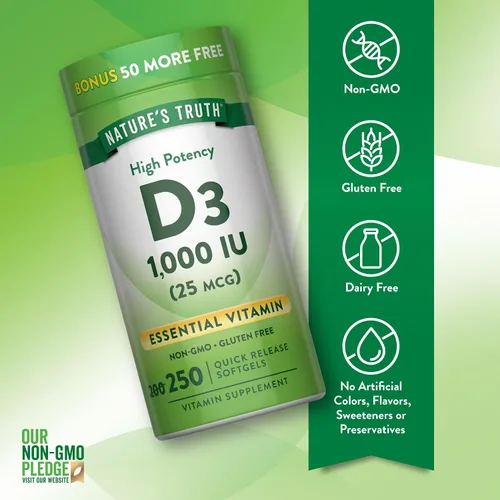 Miniatura 3 de Nature's Truth D3 1000 UI 250 cápsulas blandas Vitamina D esencial Suplemento sin OMG y sin gluten