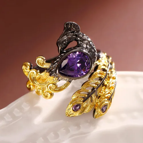 Miniatura 2 de Gothic Golden Feather Amethyst Rings - Black Peacock Rhinestone Copper Rings