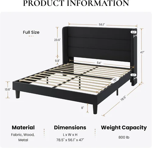Miniatura 2 de SHA CERLIN - Base de cama tamaño Full con cabecera tapizada en terciopelo y diseño acanalado vertical; plataforma de cama tapizada con listones