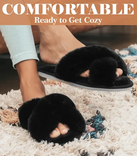 Miniatura 2 de Ankis - Pantuflas negras, grises y blancas para mujer, mullidas, afelpadas y cómodas con banda cruzada, espuma viscoelástica y punta abierta
