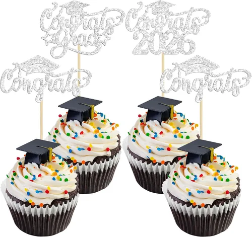 Miniatura 23 de Gyufise 24 piezas de decoración para cupcakes con purpurina para graduación 2026, decoración de pasteles para graduación 2026, decoración de Negro