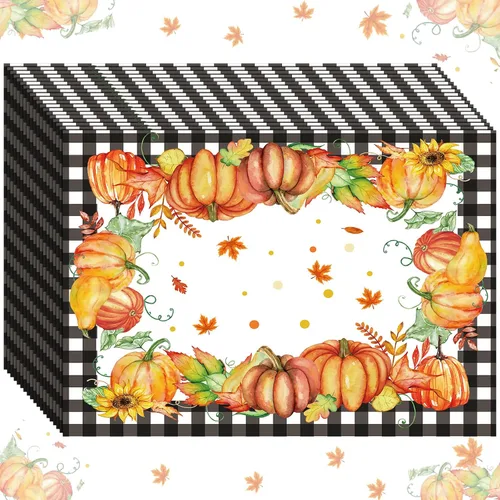 Kosiz 50 manteles individuales de papel vintage con diseño de calabaza, hojas y girasoles, para decoración de mesa de cocina, comedor, hogar,