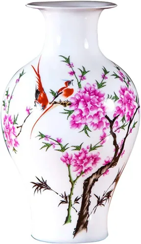 Miniatura 7 de Jarrón de cerámica blanco chino, Jingdezhen Birds Peony Flower Jarrones de porcelana blanca Decoración para el hogar B5