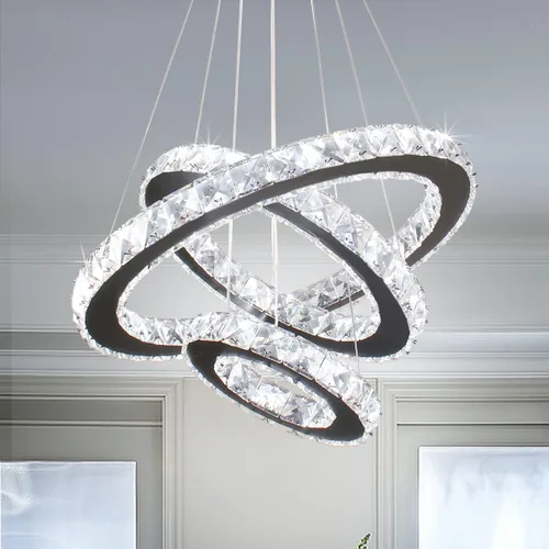Miniatura 8 de Lámparas de araña LED de cristal, lámpara colgante moderna para comedor, lámpara de techo ajustable con 3 anillos, de acero inoxidable, blanco frío