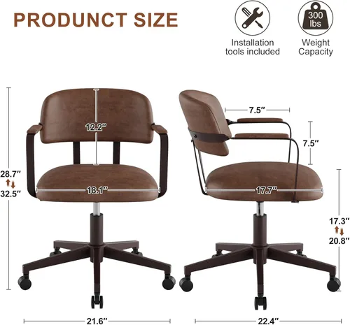 Miniatura 2 de BFZ Silla de escritorio retro de mediados de siglo para oficina en casa con respaldo, piel sintética, altura ajustable, giratoria, reposabrazos