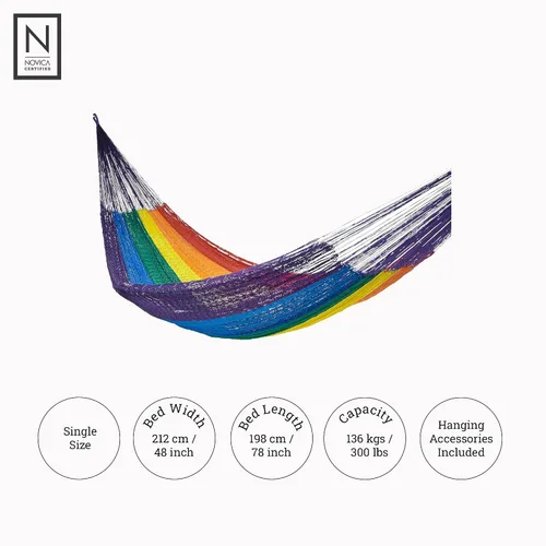 Miniatura 6 de NOVICA Hamaca de cuerda maya de nailon tejida a mano multicolor arcoíris a rayas para 1 persona, soñando con arcoíris (individual)
