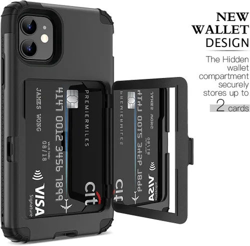 Miniatura 2 de WeLoveCase para iPhone 11 Estuche tipo billetera Defender con portatarjetas, cubierta con espejo oculto, tres capas, a prueba de golpes, protección