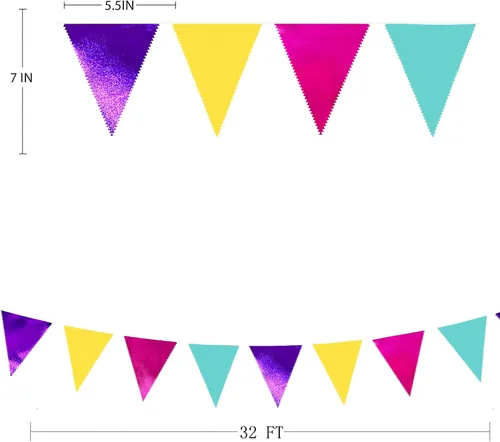 Miniatura 7 de Banderín colorido de 32 pies con diseño de triángulo de arco iris, rosa, morado, azul, amarillo, banderín de tela para gran apertura, fiestas