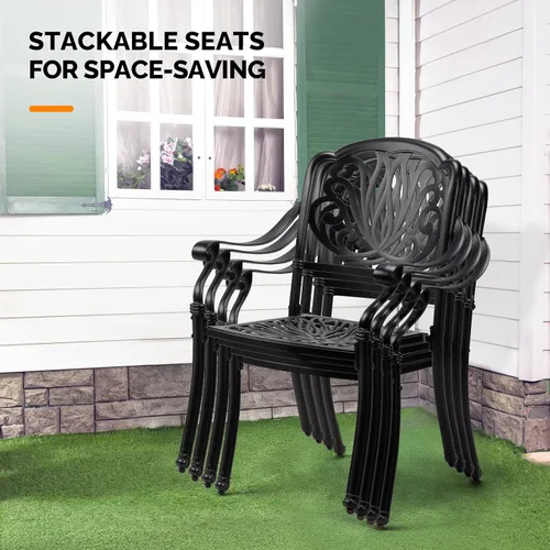 Miniatura 5 de VINGLI Juego de 2 sillas de patio apilables de aluminio fundido para exteriores con acabado negro vintage y patrón floral, sillones de metal