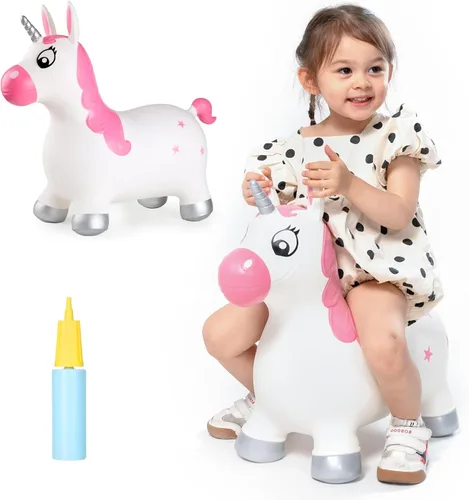 Miniatura 17 de INPANY Tolva de unicornio rosa, tolva de caballo, juguete inflable inflable para niños, niños y niñas, niños pequeños (bomba incluida)
