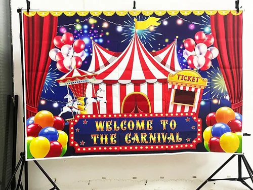 Miniatura 2 de Telón de fondo de circo de carnaval de 7 x 5 pies, carpa de circo, telón de fondo para fiesta, carrusel, taquilla, fondo para niños, niños, bebés