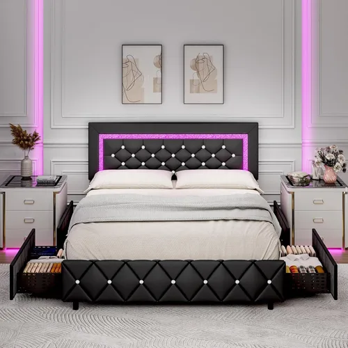 Miniatura 17 de Base de cama tamaño queen con luces LED, plataforma tapizada con cajones de almacenamiento, cama princesa con cabecera y cabecera de diamante,