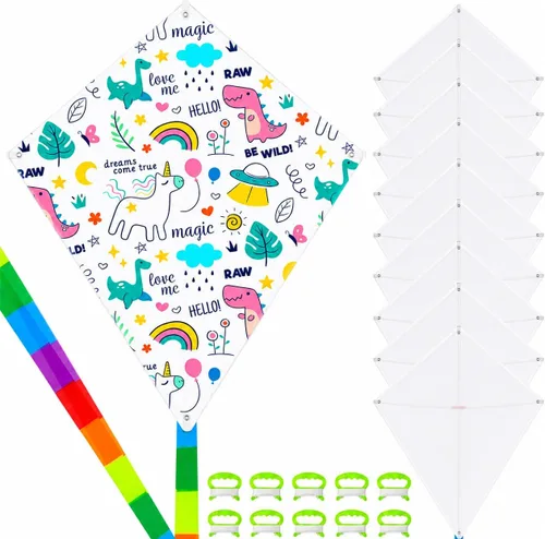 Cometas en blanco para niños, cometas a granel para decoración de bricolaje para colorear, kit de manualidades con 10 empuñaduras con cuerda de 98