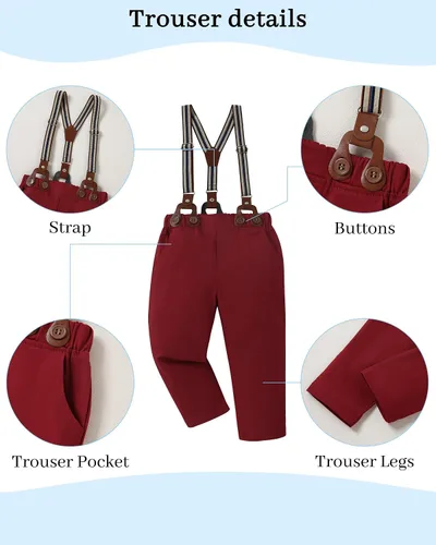 Miniatura 6 de DISAUR Ropa para bebé niño, camisa de vestir con corbatín y pantalones de tirantes, conjuntos de traje de caballero para boda de 1 a 6 años