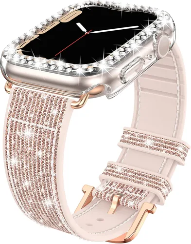 Miniatura 8 de Goton Bling - Correa de silicona brillante compatible con Apple Watch de 1.772 pulgadas (45mm) con protector de borde [sin vidrio], correa que